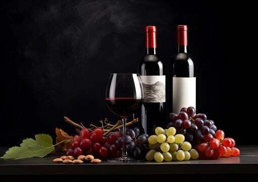 two bottles of wine and grapes on a background dark surface