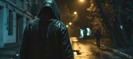 Hooded criminal robber follow a person at night street. Generative AI technology.	
