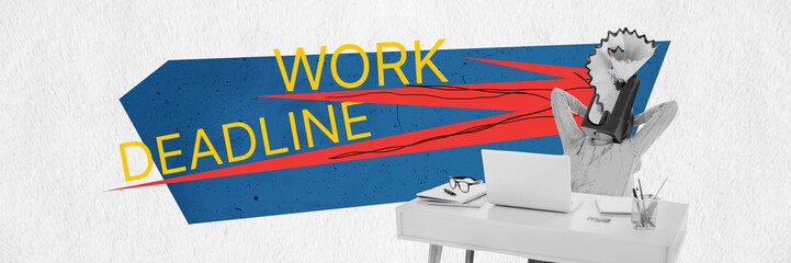 Collage creative poster illustration panorama monochrome effect headless human deadline time work...