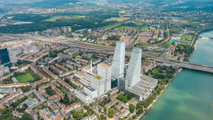 Basel, Switzerland. Skyscrapers. Basel is a city on the Rhine River in northwestern Switzerland, near the borders with France and Germany, Aerial View