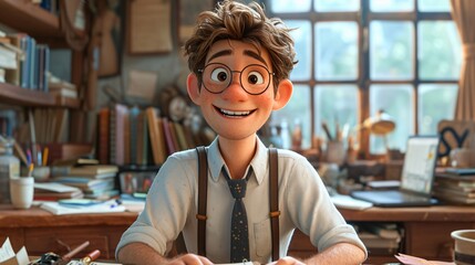 Smiling Cartoon Character in Glasses and Tie, Celebrating Monthly Events and Trends Generative AI