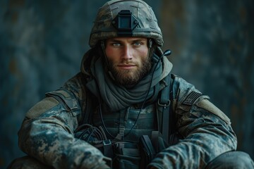 Soldier, a warrior's resolve. Soldier posing for the camera. Disruptive, emotional, dramatic.