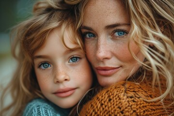 In a carefree summer portrait, a blonde, elegant mother and daughter share closeness and joy. - obrazy, fototapety, plakaty