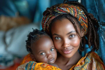 Foto auf Acrylglas Heringsdorf, Deutschland African mother, braided hair, affectionately hugs her smiling infant daughter outdoors, radiating genuine motherhood.