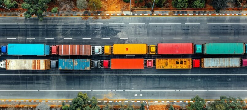 Top view lines of cargo truck at highway. Generative AI technology.