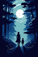 This illustration captures the serene bond between a mother and her child as they stroll together under the full moons glow, amidst towering trees