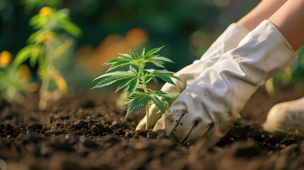 Gloves planting a cannabis plant in the soil