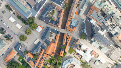Vasteras, Sweden. The central part of the city. Svartan River (Svartan). Summer day, Aerial View