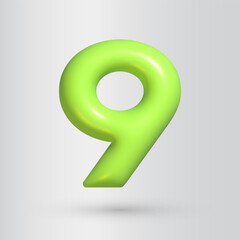 3d style number 9. Nine icon. Realistic green color render