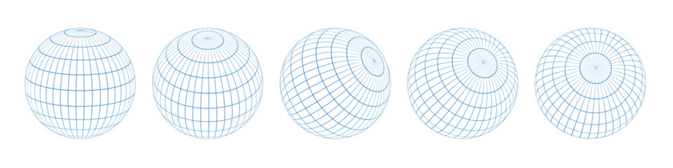 Wireframe spheres collection. Colorful 3d outline globes  - obrazy, fototapety, plakaty