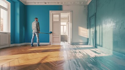 Before and After of Man Painting Roller to Reveal Newly Remodeled Room with Fresh Blue Paint and New Floors