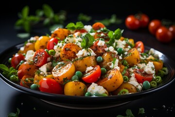 salad of tomatoes olives cheese and greens on a dark background
