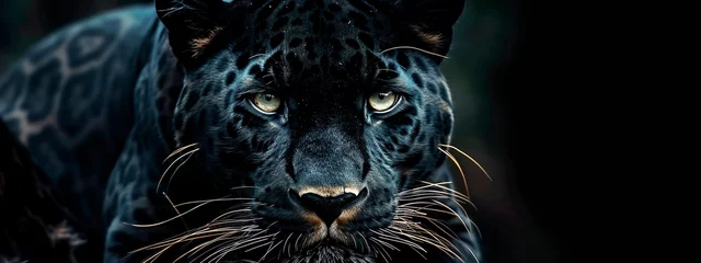 Foto op Plexiglas Black panther portrait on a black background. Selective focus. © yanadjan