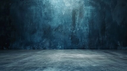 Empty Dark Blue Studio Background and Grey Floor Concrete perspective with blue soft light well editing Floor Display product and text present on Wall Room Empty free space Black Cement Backdrop photo - obrazy, fototapety, plakaty
