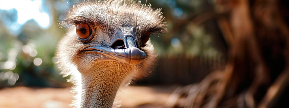 portrait of an ostrich in the wild. Selective focus.
