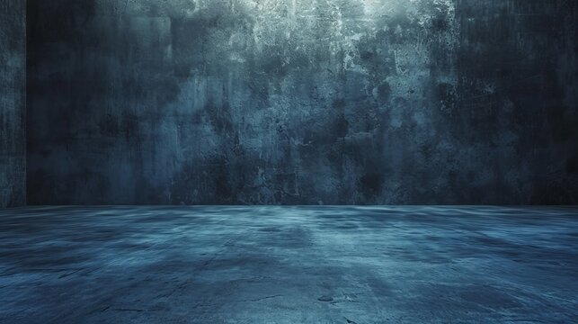 Empty Dark Blue Studio Background and Grey Floor Concrete perspective with blue soft light well editing Floor Display product and text present on Wall Room Empty free space Black Cement Backdrop photo