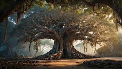 An ancient banyan tree with intricate roots weaving through a mystical forest Generative AI