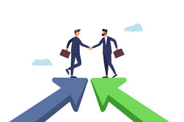 Businessmen handshake on growth arrow joining connection agree to work together. Cooperation partnership, work together for success, team collaboration, agreement or negotiation.