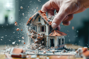A man's hand destroys a house. Concept of demolition of housing and houses. Renovation old home and construction project. Tearing Down a Houses. - obrazy, fototapety, plakaty