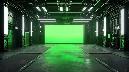 Industrial TV show backdrop. Ideal for virtual tracking system sets, with green screen. (3D rendering)