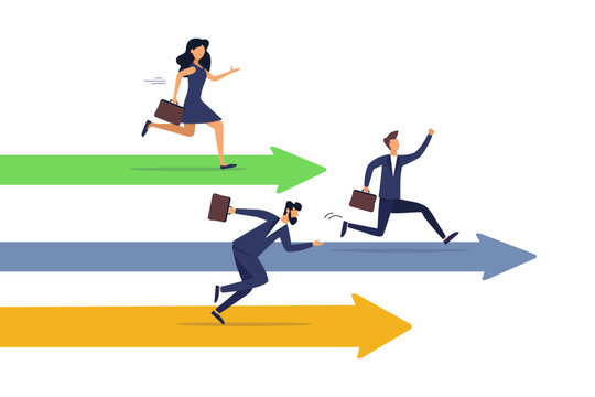 Businessman and woman compete running on arrow racetrack. Business competition, contest or rivalry against competitors to increase sales for victory.