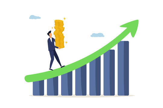 Businessman carry money coin stack walk up growth graph diagram. Increase revenue, income or investment profit, growth chart diagram or savings and investment return concept.