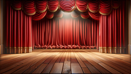Cinematic theater stage with red drapes, set for a storytelling spectacle.
Generative AI.
