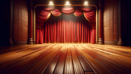 Theater stage with red velvet elegance, under the bright lights of showtime.
Generative AI.