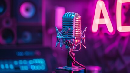 live on air. radio podcast broadcasting studio microphone with neon lights sign. banner with copy space - obrazy, fototapety, plakaty