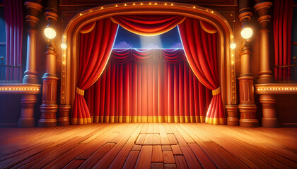 Red curtain theater stage, a traditional setting for performing arts.
Generative AI. - obrazy, fototapety, plakaty