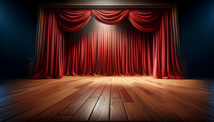 Elegant theater stage with red curtains and spotlight illumination.
Generative AI.