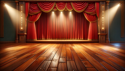 Classic wooden stage with draped velvet curtains, ready for performance.
Generative AI.