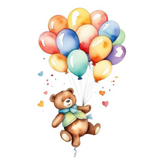 Fototapeta na wymiar One toy bear fly in the air holding at hands bunch of helium balloons. Watercolor adventurer isolated on white background.