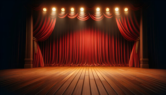 Empty performance stage with luxurious red drapery and warm stage lights.
Generative AI.