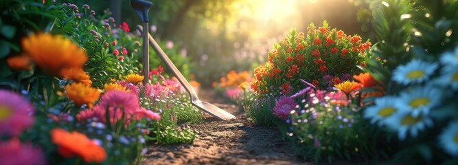a colorful garden path with a shovel and flowers