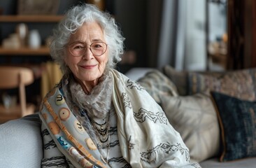 a smiling elderly woman sitting on a couch