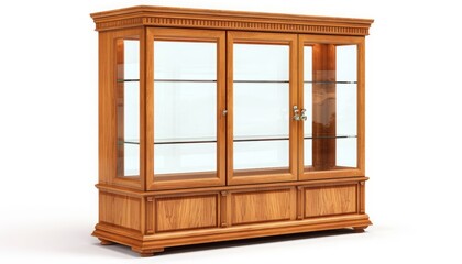 Display cabinet, cherry wood, glass-fronted, 3d, isolated white background, clean simple,