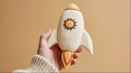Felted Wool Rocket in Hand Symbolizing Startup Concept