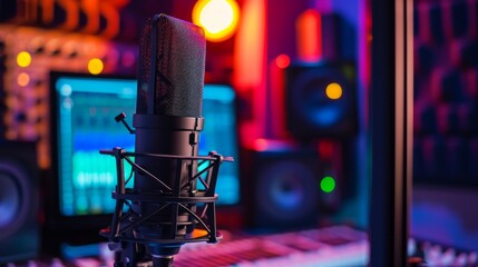 Podcast studio with soundproofing for youtube channels starting to make podcasts for most popular videos. Podcast media studio for broadcasting audio. Podcasting microphone speech or interview - obrazy, fototapety, plakaty