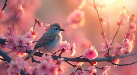 a bird sitting on a branch of a pink tree