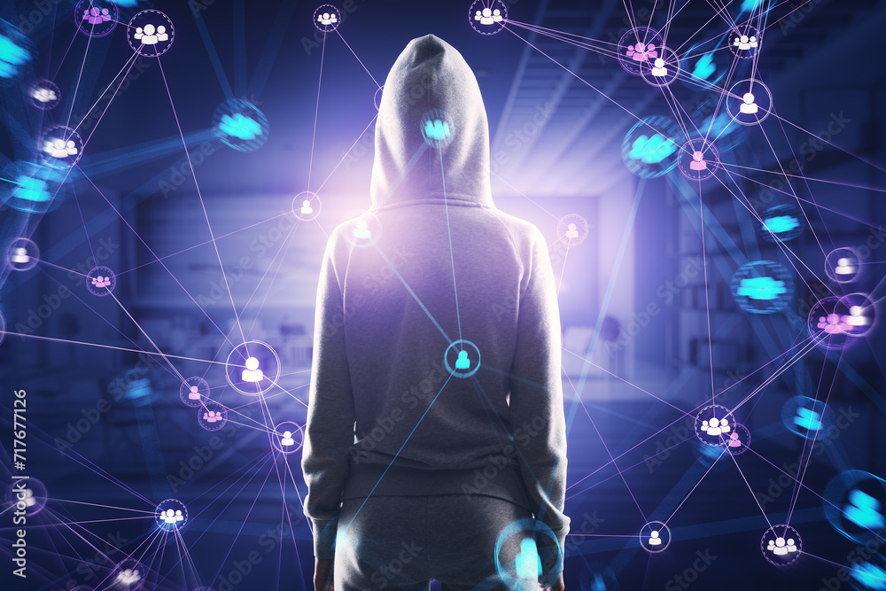 Poster back view of hacker in hoodie with connected digital people team icons on dark blurry purple office 