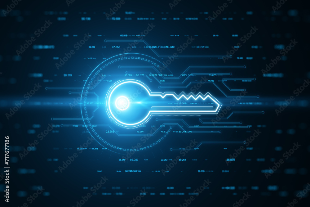 Aufkleber Glowing blue digital key on a circuit board background symbolizing secure access technology. 3D Rendering