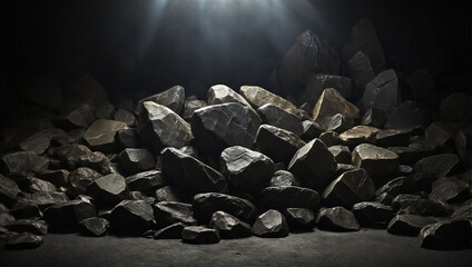 A dark cave with rough stones and a beam of light from above to showcase the goods.