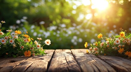 a tabletop with beautiful flowers in springtime sunshine - obrazy, fototapety, plakaty