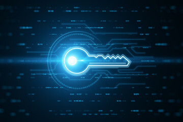 Glowing blue digital key on a circuit board background symbolizing secure access technology. 3D Rendering