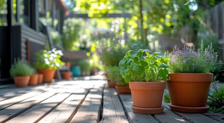 an outdoor kitchen garden with some terracotta pots