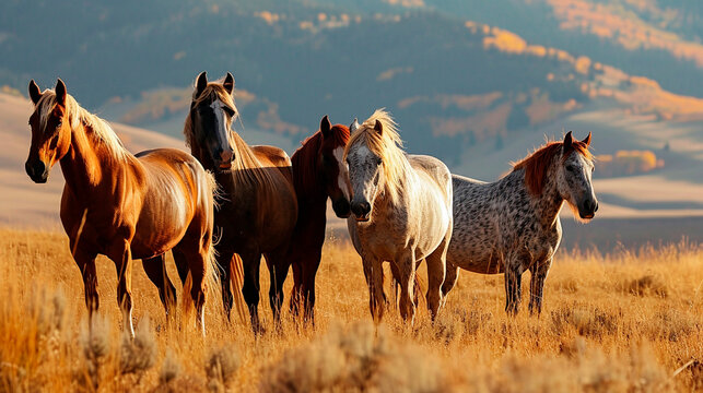 portrait of a herd of wild horses in nature. Selective focus.
