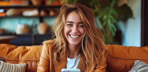 a woman smiling with her phone on a couch