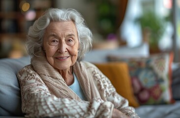 a smiling elderly woman sitting on a couch