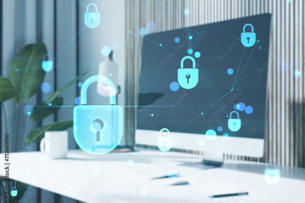 Poster Close up of computer monitor on desk with creative low poly plexus digital padlock interface on blurry background. Safety, security, hacking and data protection concept. Double exposure.
